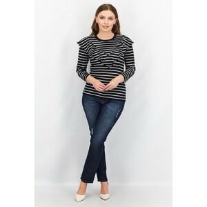 Lauren Ralph Lauren XL Striped Ruffle-Trim Long Sleeve Top Black White Stretch